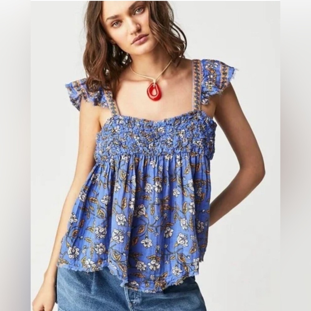 NWT Free People Large Cotton Nala Floral Babydoll Top Blue Orange Cotton - Picture 11 of 12